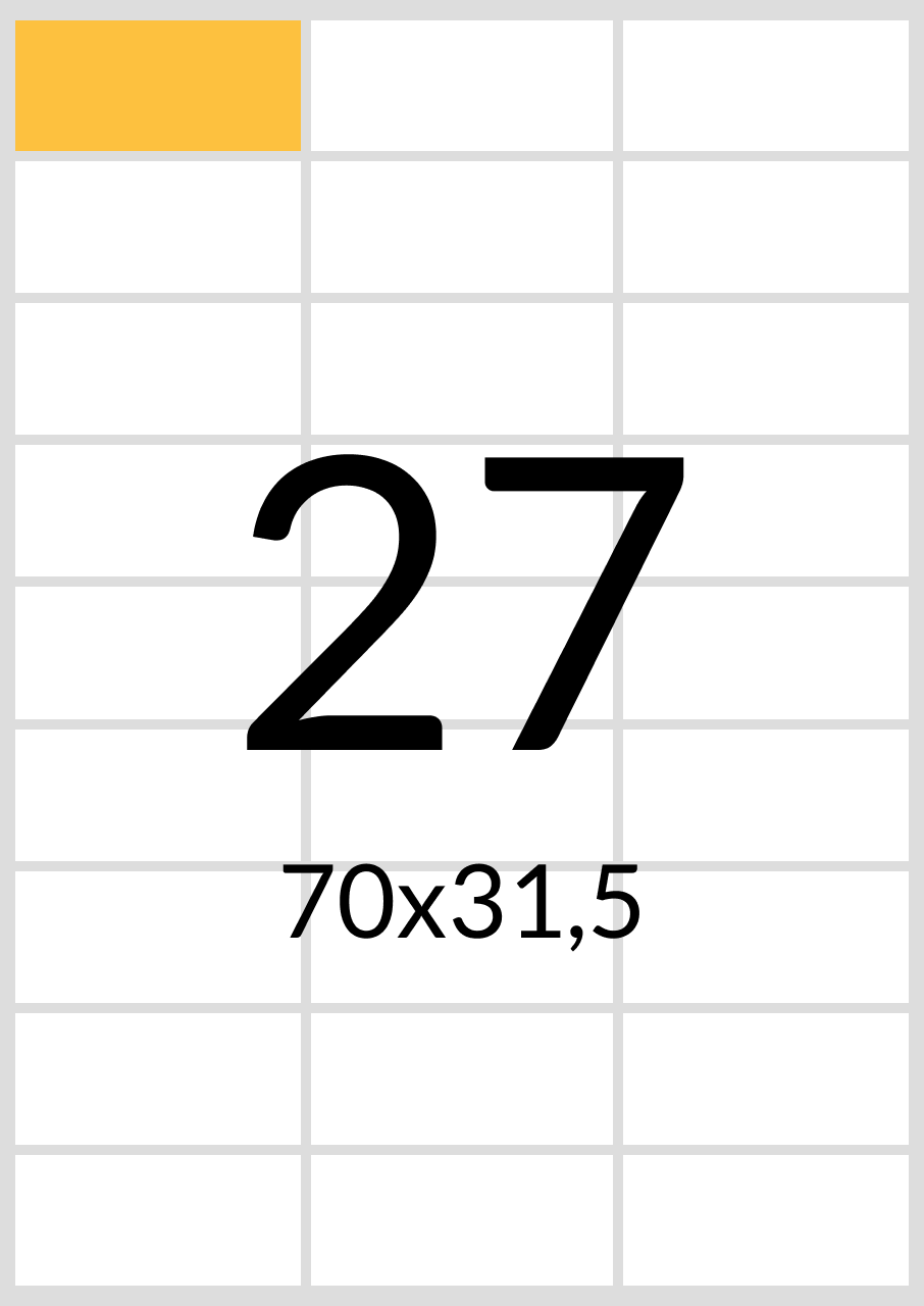 

Самоклеящаяся бумага А4 (матовая) - 27 этикеток на листе. Размер: 70х31,5 мм., Белый