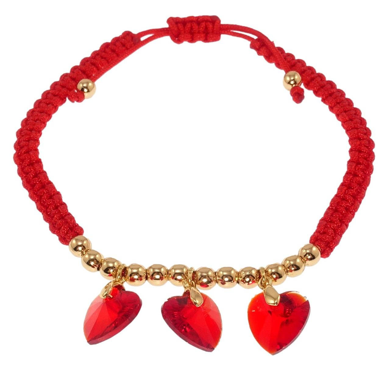 

Браслет Xuping QQMM Позолота 18K "Красный плетенный шнур с красными кр-ми сердечками" на затяжке 17-23см х 5мм