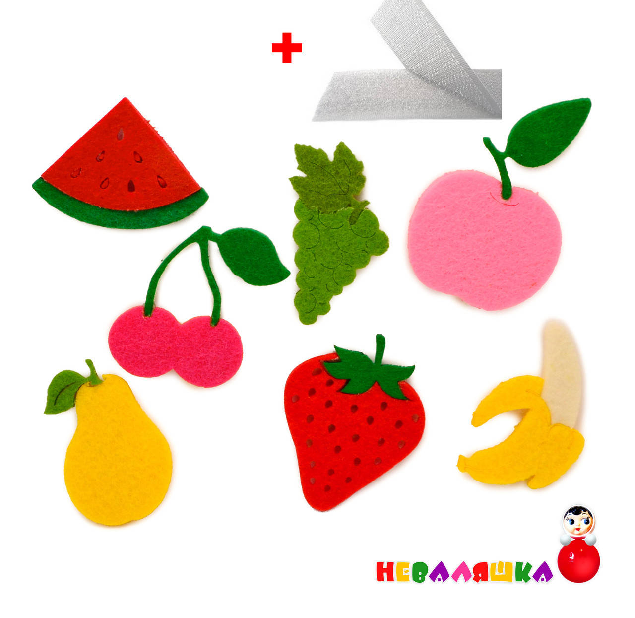 

Заготовка для Бизиборда Фрукты/Ягоды из Фетра 7 шт, Размер 5-7 см + Клеевая Липучка 20 см Набор Мягких Фруктов
