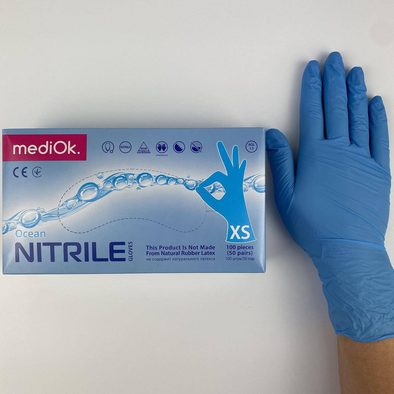 

Перчатки нитриловые голубые. . 3,5 г. MediOk, Голубой