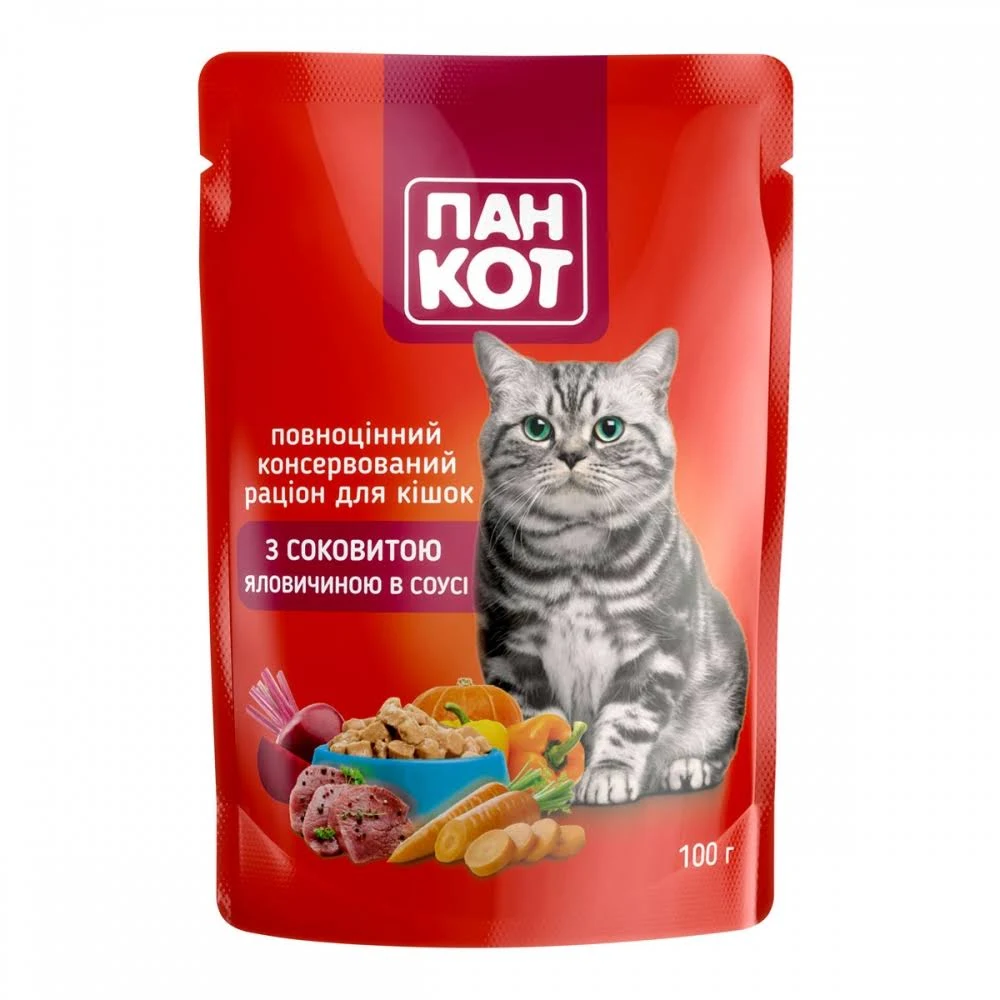 

Влажный корм Пан Кот с говядиной в соусе 100г для взрослых кошек