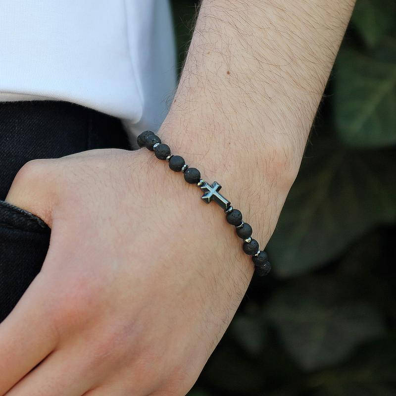 

Мужской браслет Крестик Лава и черный Агат L-20 см