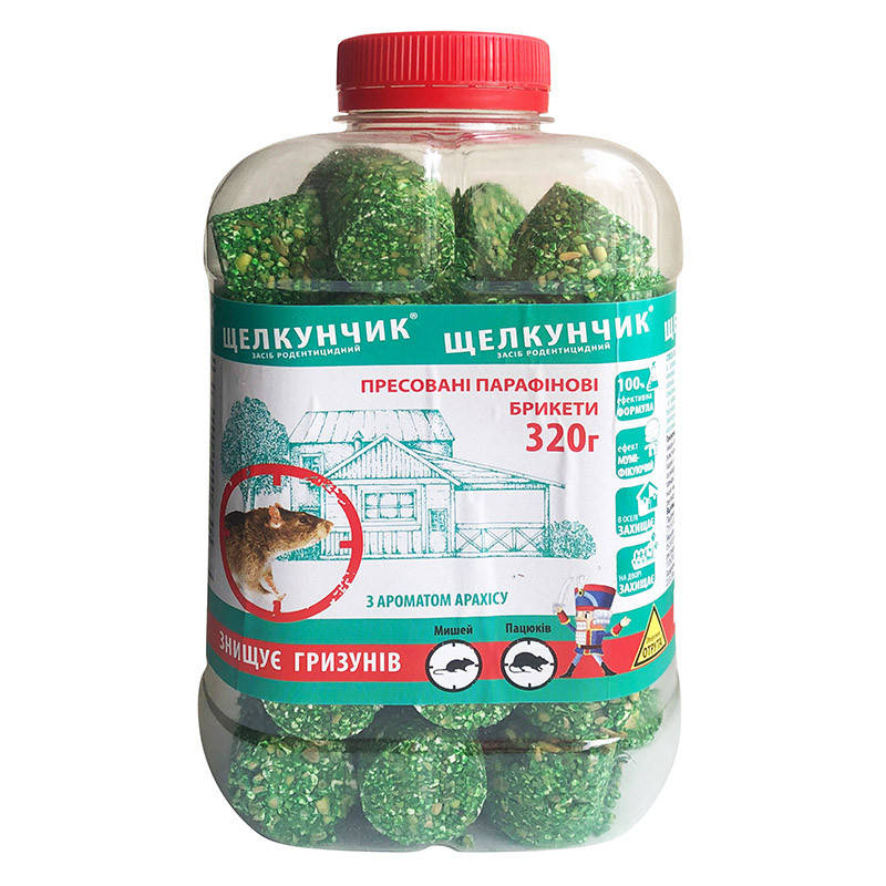 

Средство от грызунов (крыс и мышей) "Щелкунчик" (320 г), парафиновые брикеты с арахисом, Украина