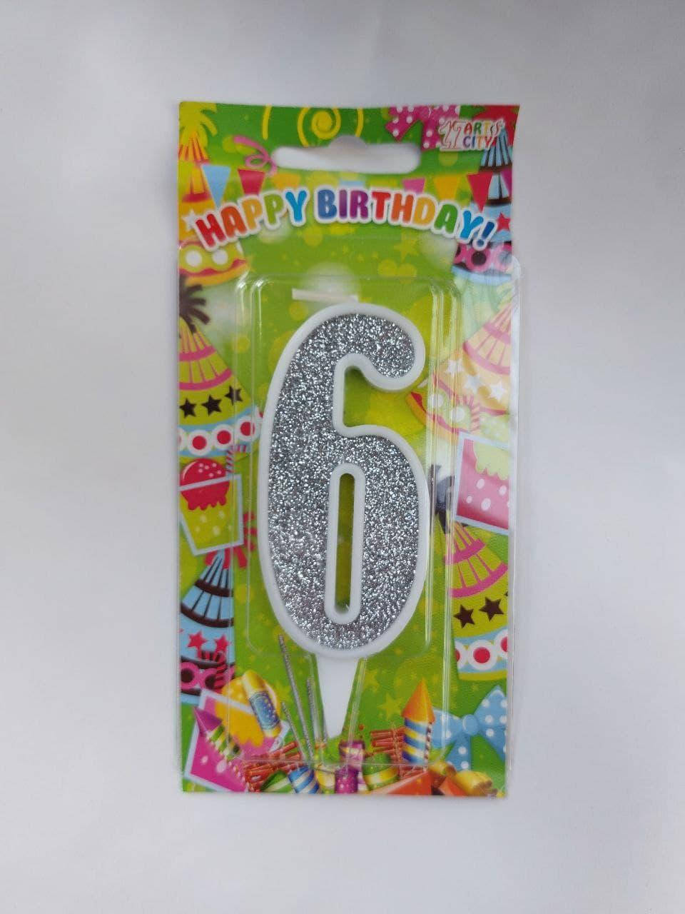 

Свічка цифра в торт "6" Happy Birthday, в білій окантовці, 7см.