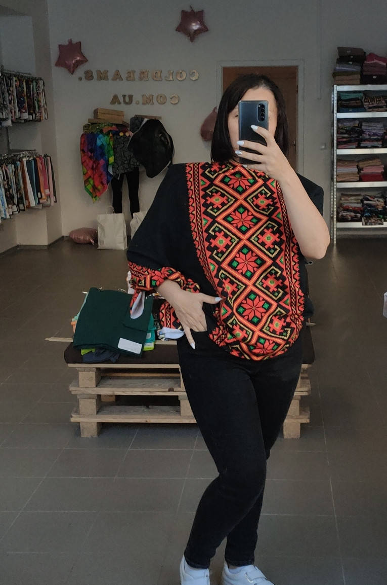 

Стрейч кулир принт "Вышиванка на черном" - 180см. (диджитал), Черный