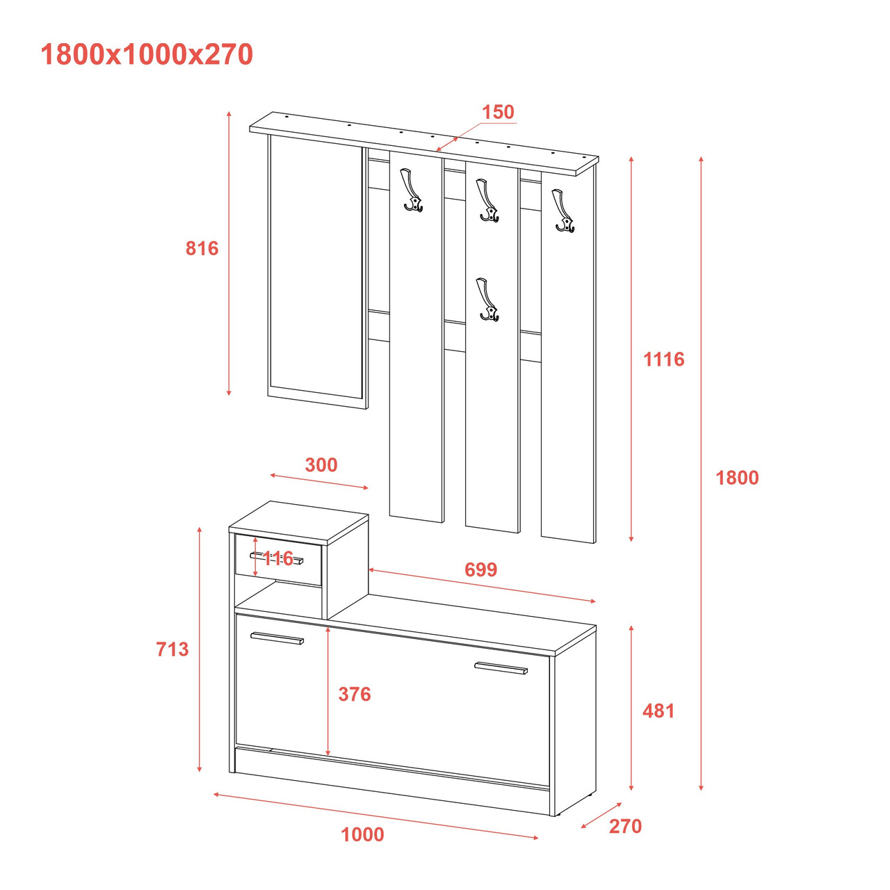 Передпокій Doros Alice Дуб Евок/Кашемір 1 дзеркало 100х27х182.9 (44900360) 7