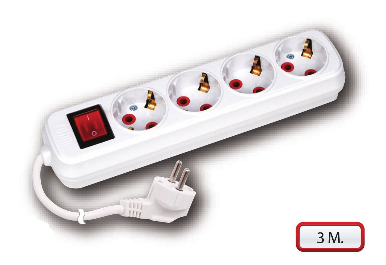 

Удлинитель 3 метра 4 розетки выкл 220V 16A Horoz