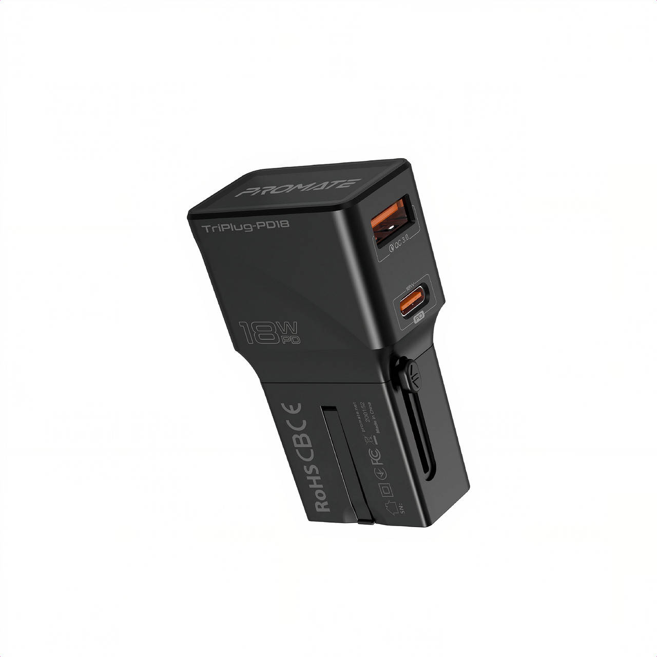 

Сетевое зарядное устройство Promate TriPlug-PD18 USB-C PD + USB-A QC и EU/US/UK/AUS штекер Black, Черный