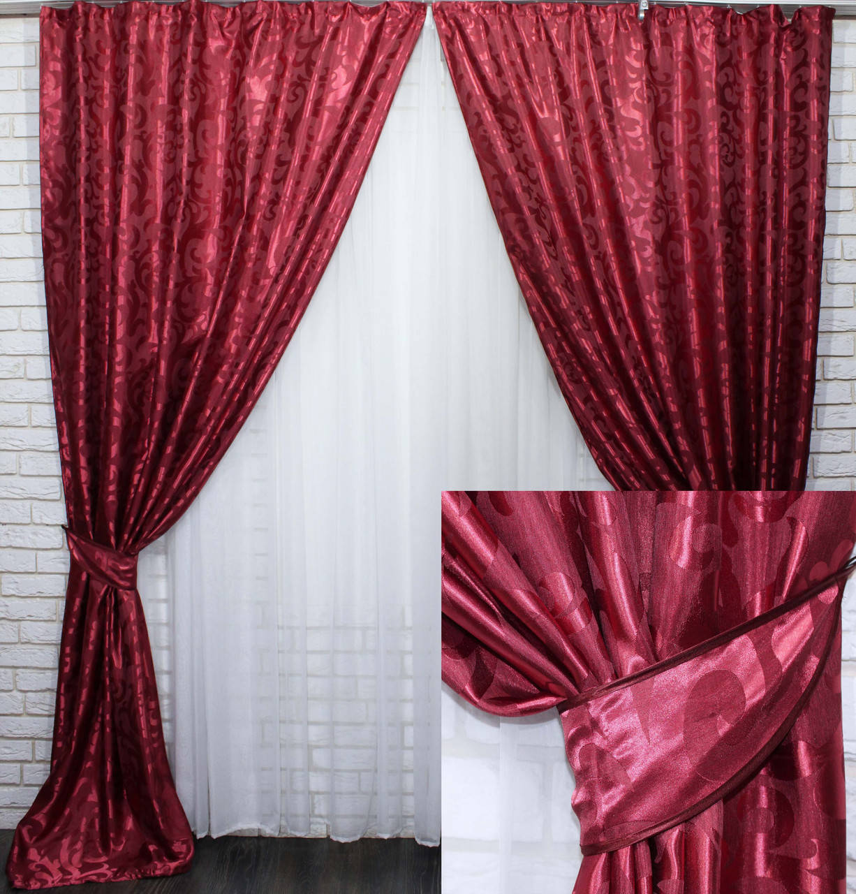 

Комплект готовых жаккардовых штор (2шт. 1,5х2,7м.) "Вензель", цвет бордовый. Код 417ш 30-158