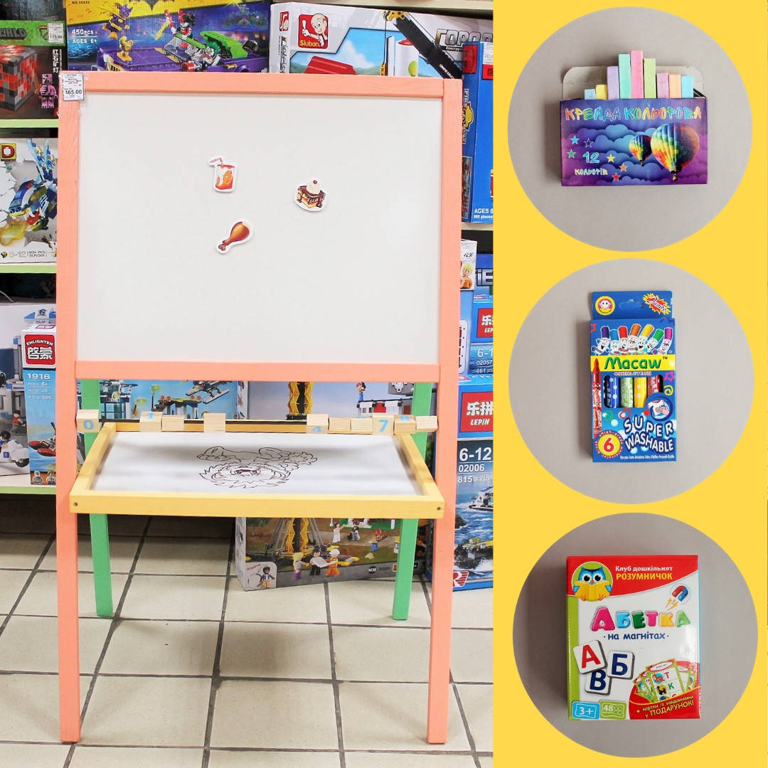 

Мольберт детский двухсторонний цветной с кубиками, Белый