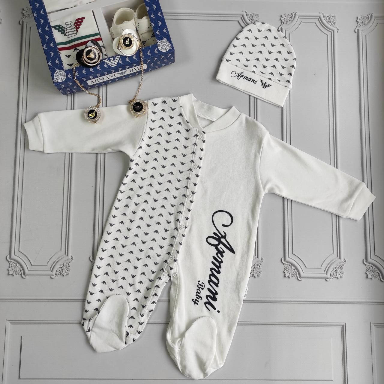 

Белый человечек для новорожденного, комплект с шапочкой, Armani