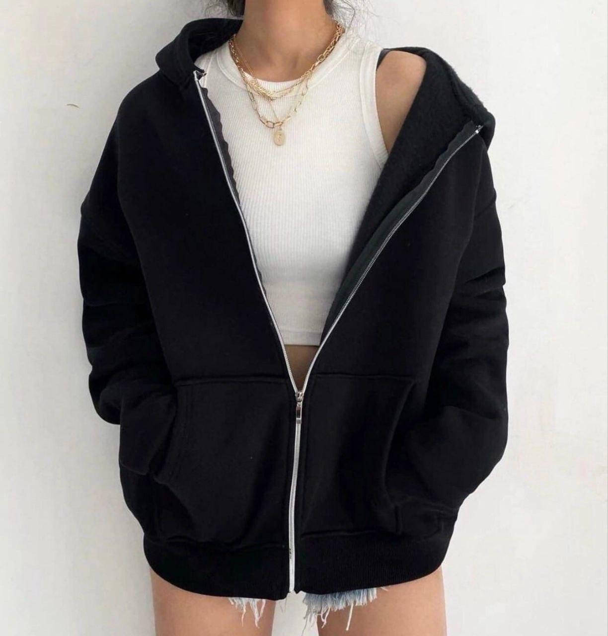 

Модный женский свитшот oversize на молнии, с капюшоном и карманами чёрный, 42-46, 48-50