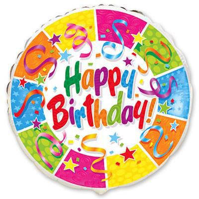 

Фольгированный шар с рисунком Flexmetal Круг 18" Happy Bithday серпантин и звезды