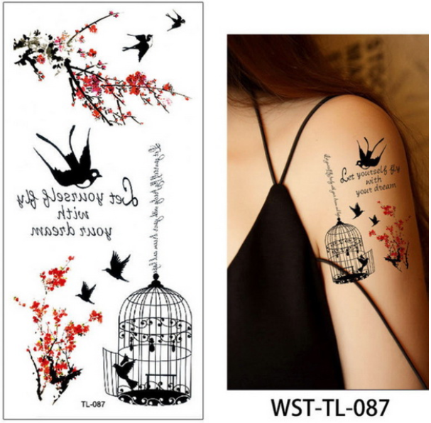 

Флеш тату. 19*9 см, Переводная. Временная, Набор, Сакура, Птицы, Клетка, TL-087 (S), Цветные