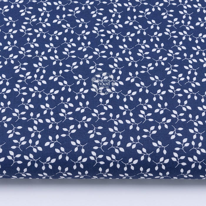 

Ткань бязь "Миниатюрные веточки с листиками" белые на синем, №3319а, Синий