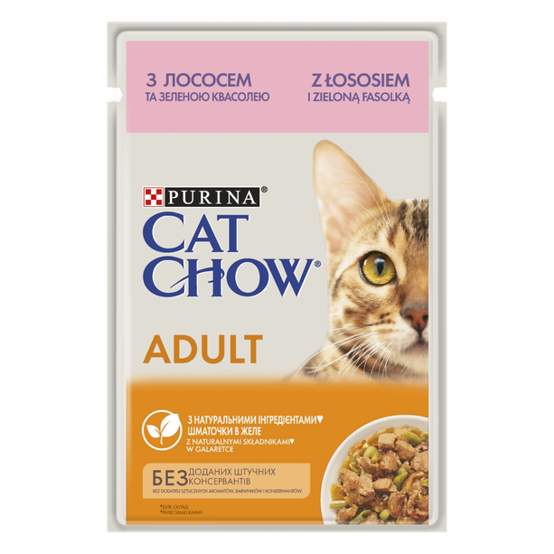 

Влажный корм для кошек Purina® Cat Chow® Adult нежные кусочки в желе с лососем и зеленой фасолью 85 г 0.085 кг