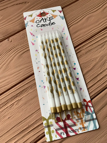 

Свечи для торта белые с золотыми шариками (6 штук)