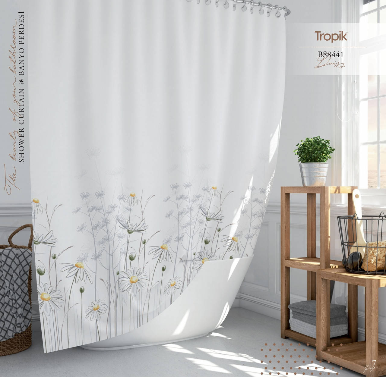 

Узкая штора для ванной Daisy Tropik Турция 120*200 см, Белый