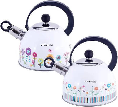 

Чайник Kamille Цветы 1.8 л, из эмалированной стали со свистком для индукции и газа KM-1079, Белый