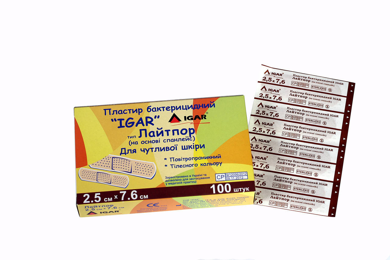 

Пластырь бактерицидный IGAR "Лайтпор" 2,5*7,6 см (на основе спанлейс)(100 шт./уп.)