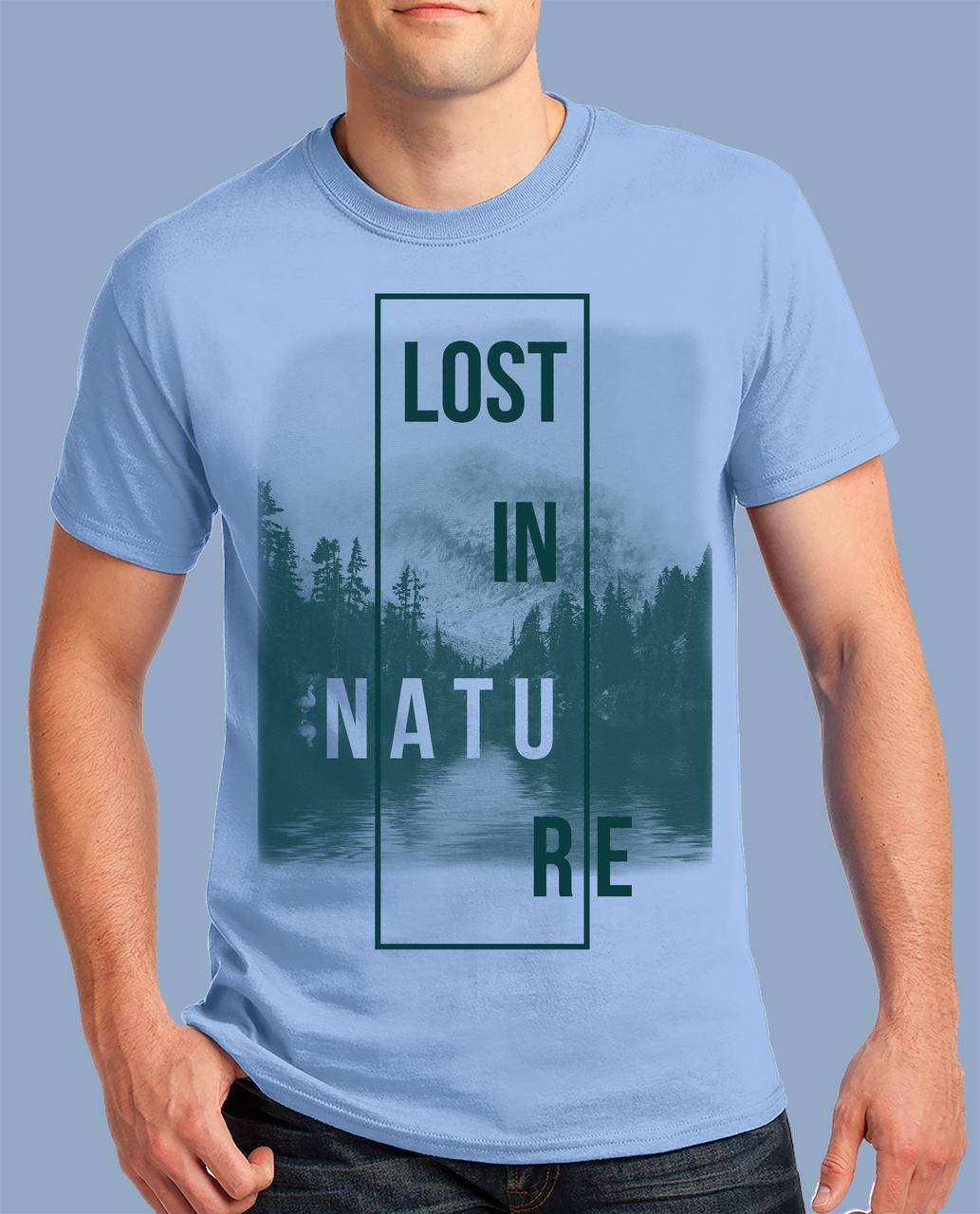 

Мужские футболки светлые с рисунком LOST IN NATURE светло-голубая