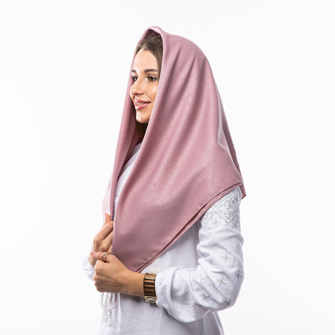 

Кашемірова хустка з камінцями "Метелики" 90х90см Блідо-бузкова