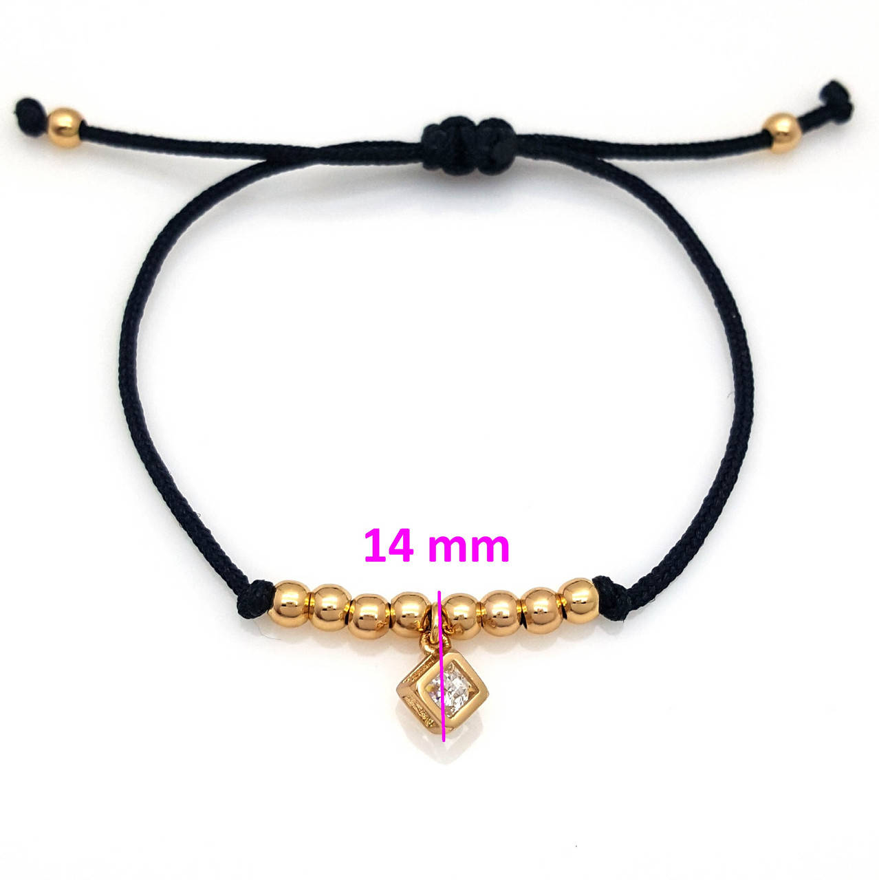 

Браслет Черная шелковая ниточка с шарами и кубиком, вставка цирконий, позолота, 18К