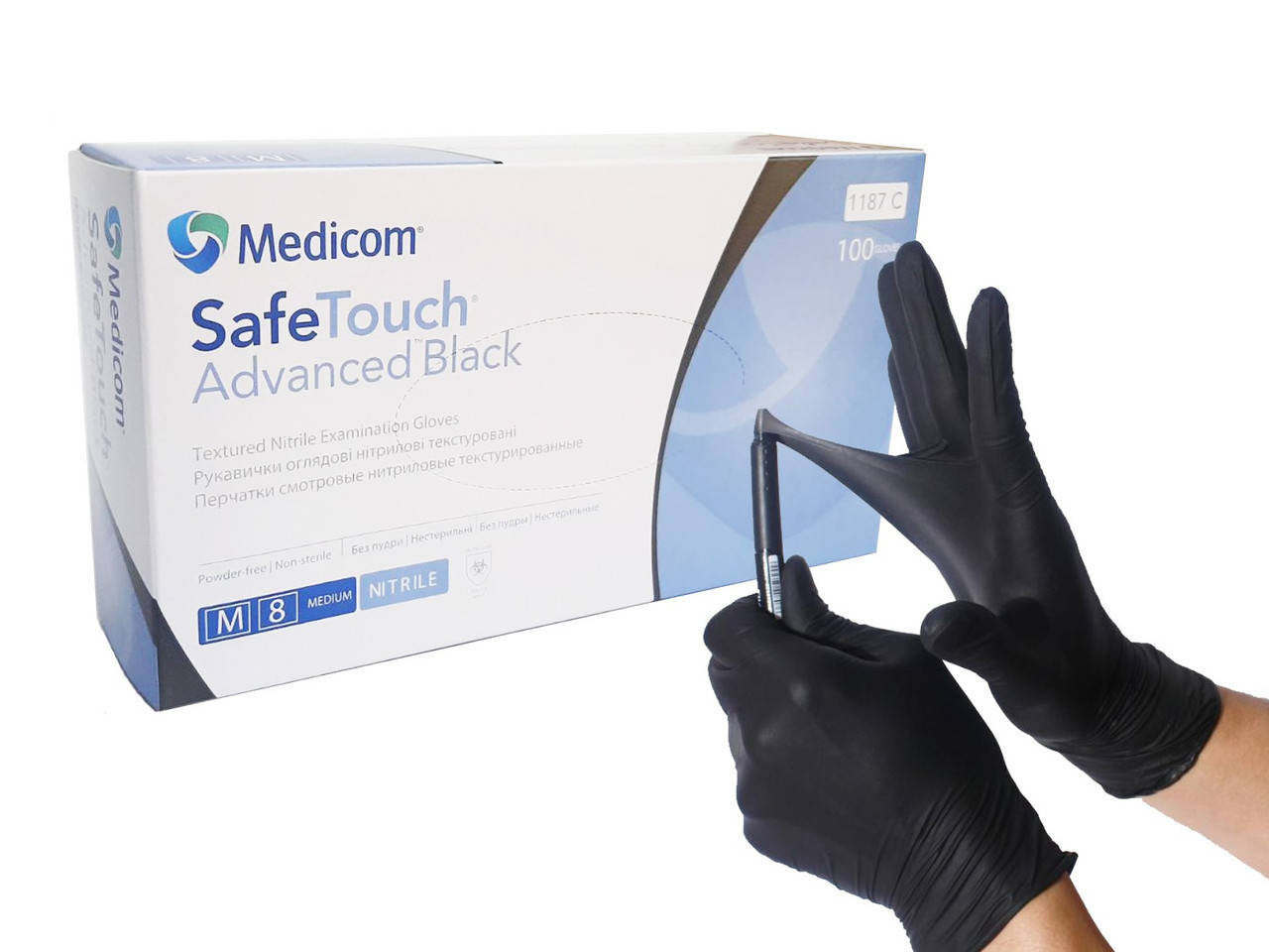 

Черные нитриловые перчатки Medicom SafeTouch Advanced Black M 8 100 шт, Черный