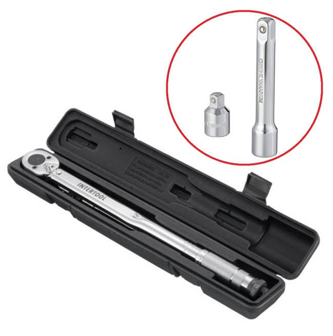 

Динамометрический ключ 1/2" переходник 1/2 х 3/8, удлинитель 125 мм 1/2 28-210 NM INTERTOOL XT-9007