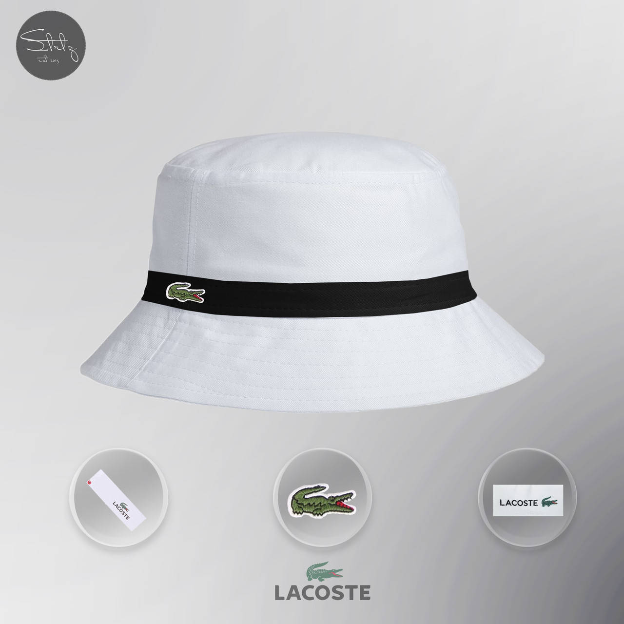 

Панама Lacoste однотонная Лакоста белая / черная полоска