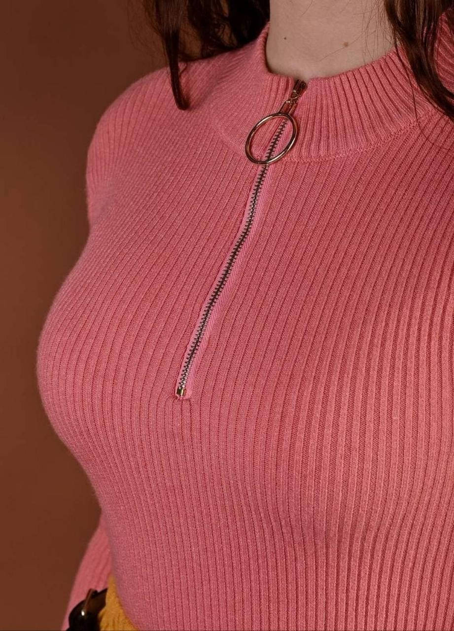 

Модная женская водолазка гольф рубчик, на замочке, цвет пудра, Розовый