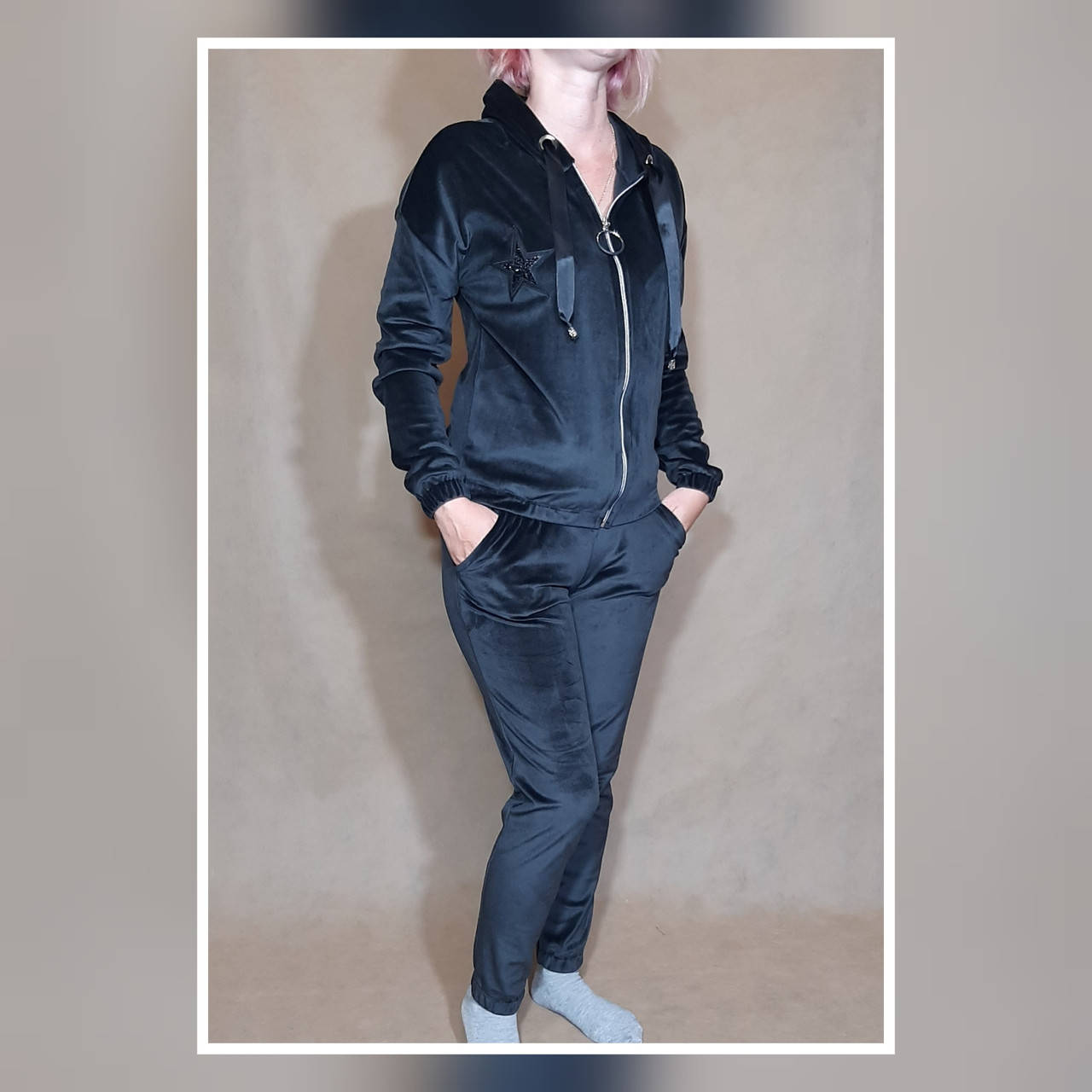 

Модный женский велюровый спортивный костюм черного цвета, Черный