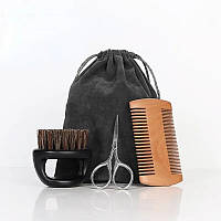 Набор для ухода за бородой и усами; три предмета: щетка с ворсом, деревянная расческа, ножницы для бороды