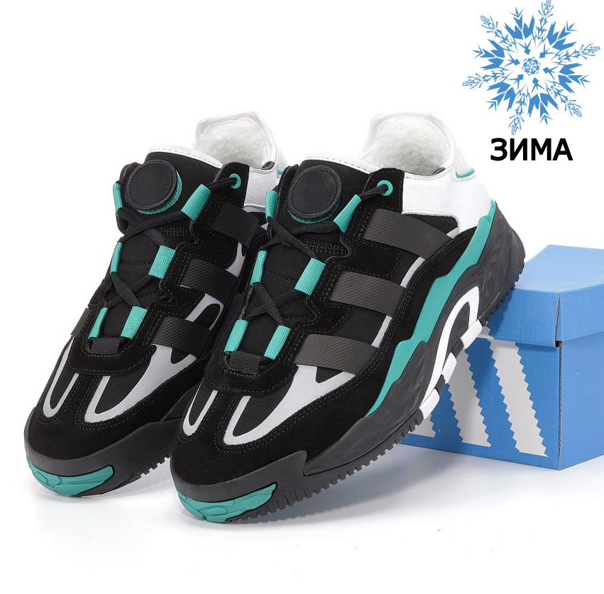 Зимові чоловічі кросівки Adidas Niteball Black Sub Green осінь-зима теплі на хутрі (чорні с зеленим). Живе фото, фото 1
