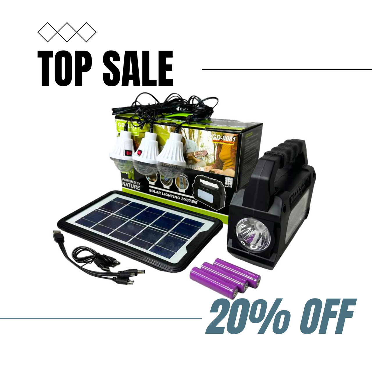 Топова система автономного освітлення та зарядки GDPlus GD-8081 4600мА/год із сонячною панеллю/ліхтарем, фото 1