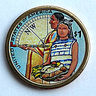 США 1 доллар 2014, Сакагавея: Помощь индейцев экспедиции Льюиса и Кларка. UNC. Цветная эмаль