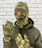 Набір зимова шапка та хомут чоловічий колір піксель, тактичний і формений одяг рукавички армійські довгі ВСУ