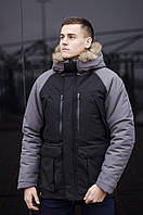 Зимняя мужская куртка серая удлиненная, парка утепленная, пуховик с капюшоном стильный на зиму Seniora Udacha