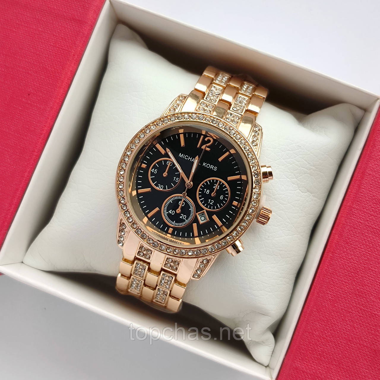 Жіночий кварцовий наручний годинник Michael Kors у кольорі рожеве золото з чорним циферблатом, дата - код 2322
