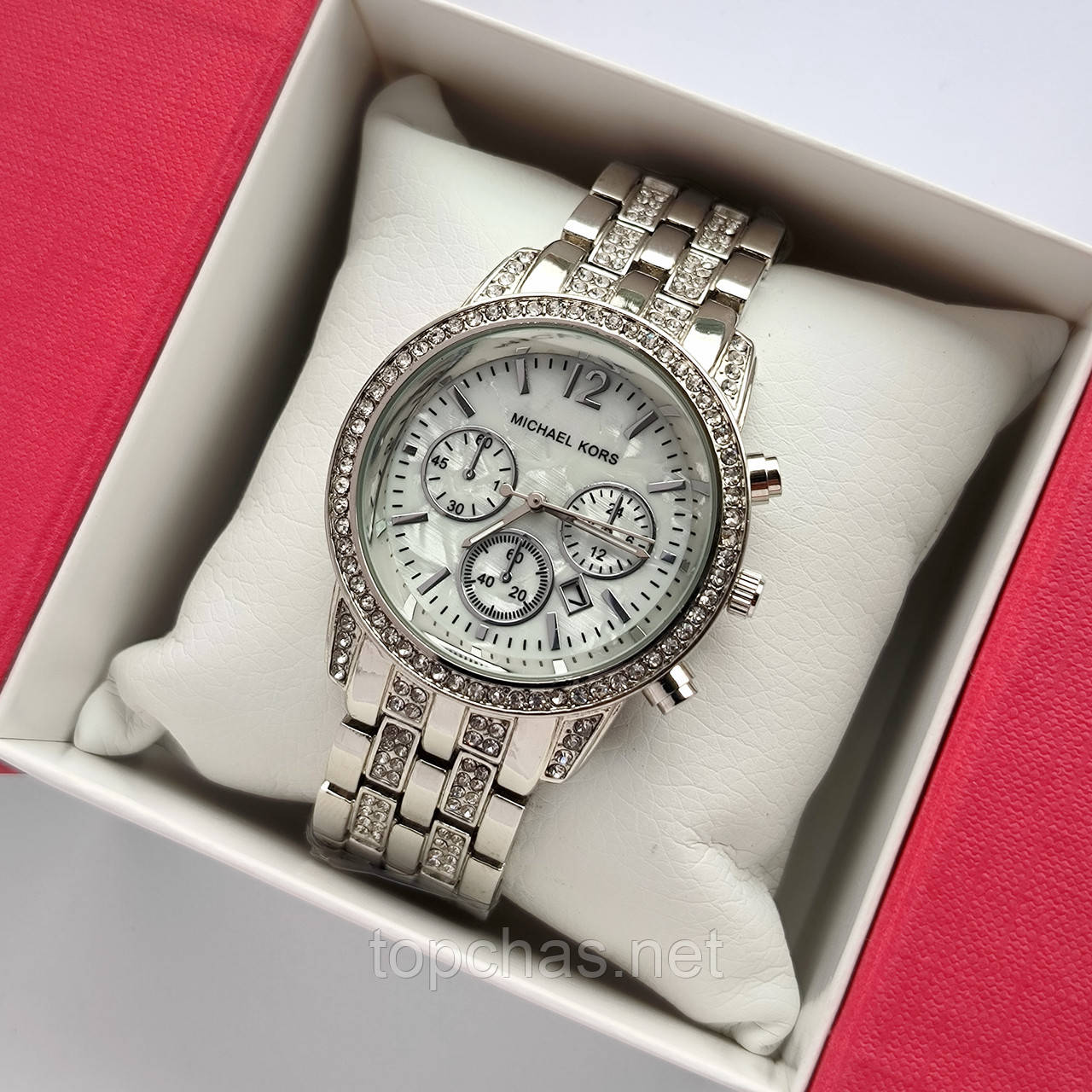 Жіночий кварцовий наручний годинник Michael Kors сріблястого кольору з перламутровим циферблатом, дата - код 2325