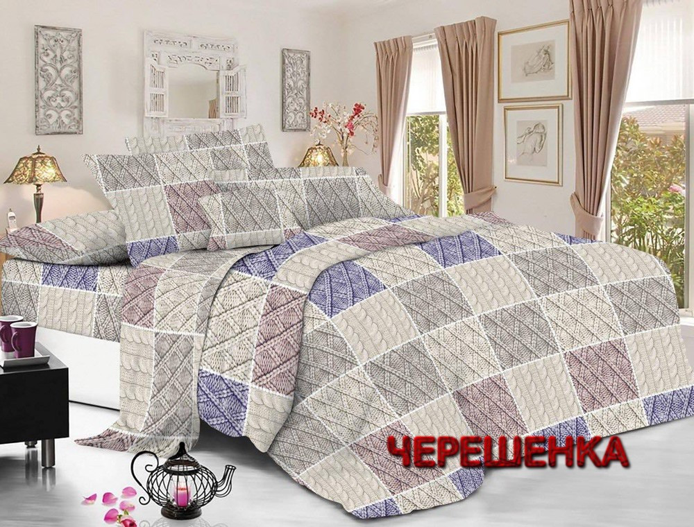 Тканина 225 см для постільної білизни, набивна Фланель (байка) бежева принт квадрати з в'язаним візерунком, рулон 50 м