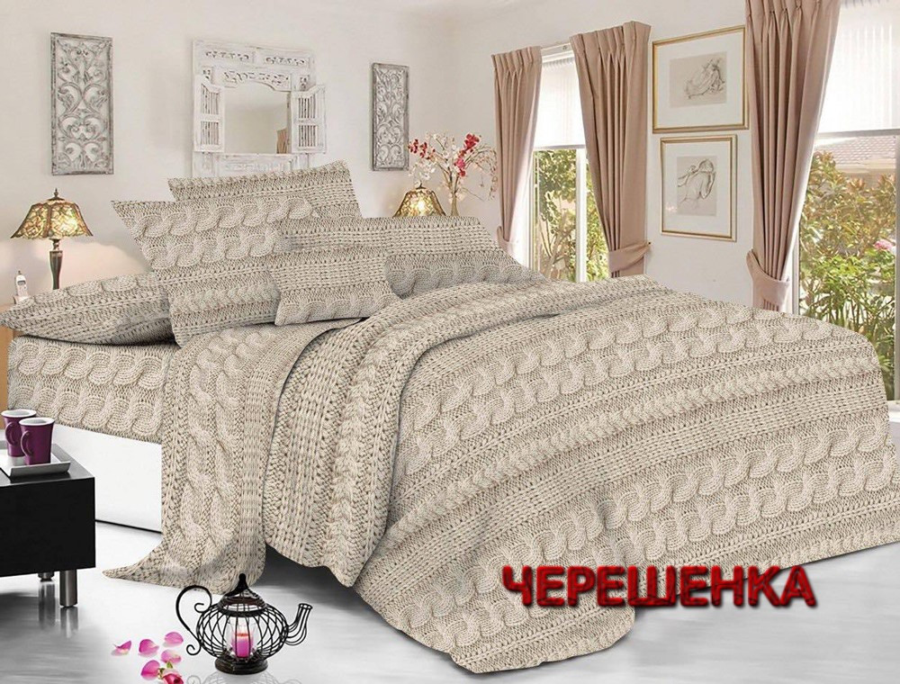 Тканина бежева 220 см для постільної білизни Фланель (байка) 100% хопкова набивна з принтом в'язаний візерунок косичка, рулон 50 м