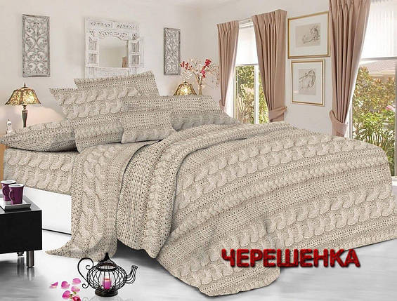 Тканина бежева 220 см для постільної білизни Фланель (байка) 100% хопкова набивна з принтом в'язаний візерунок косичка, рулон 50 м, фото 1