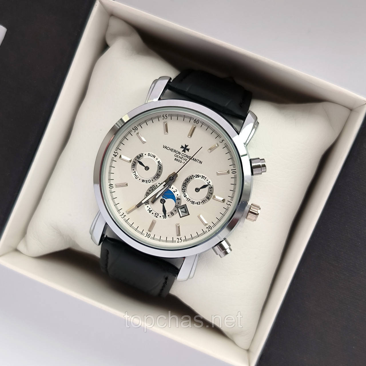 Чоловічий наручний годинник Vacheron Constantin (Вашерон Костянтин) срібло з білим циферблатом, дата - код 2330