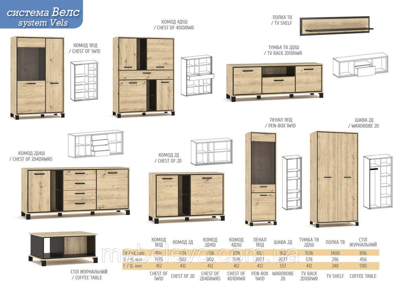 Комод Велс 1В1Д 1576х974х412мм дуб артисан + венге Мебель-Сервис - фото 6 - id-p1990844230