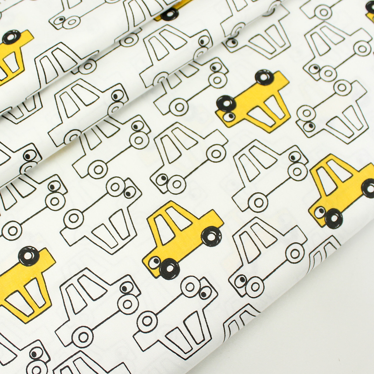 Сатин "Намальовані машинки" жовті на білому тлі No 160-223 с, фото 1