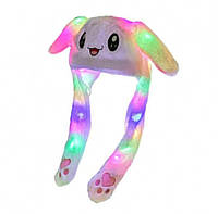 Шапка "Заяц" со светящимися и двигающимися ушками с LED подсветкой, детская плюшевая шапочка белого цвета