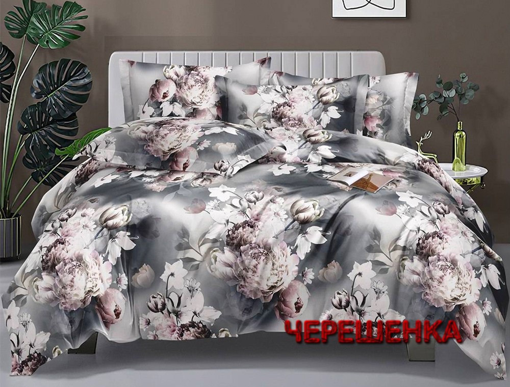 Сіра щільна постільна тканина 220 см Полісатин 135 поліестер із сучасним квітковим принтом, у рулоні 60 м