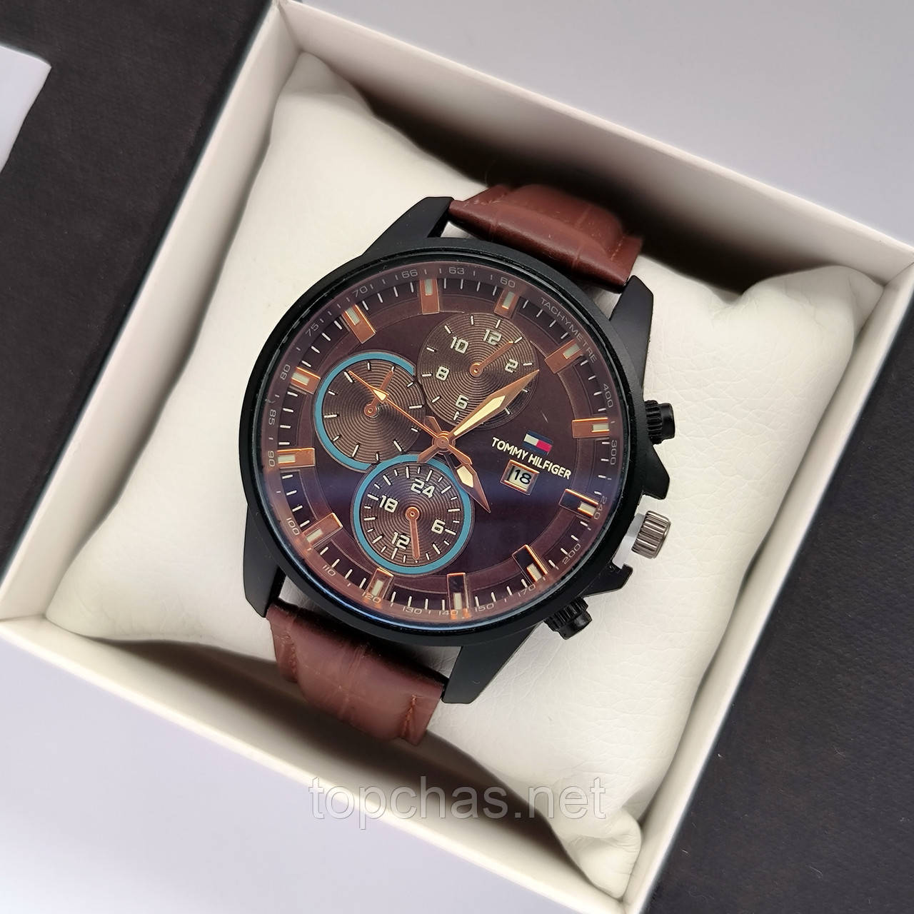 Чорний чоловічий годинник Tommy Hilfiger (Томі Хілфігер) з коричневим ремінцем і циферблатом, дата - код 2336