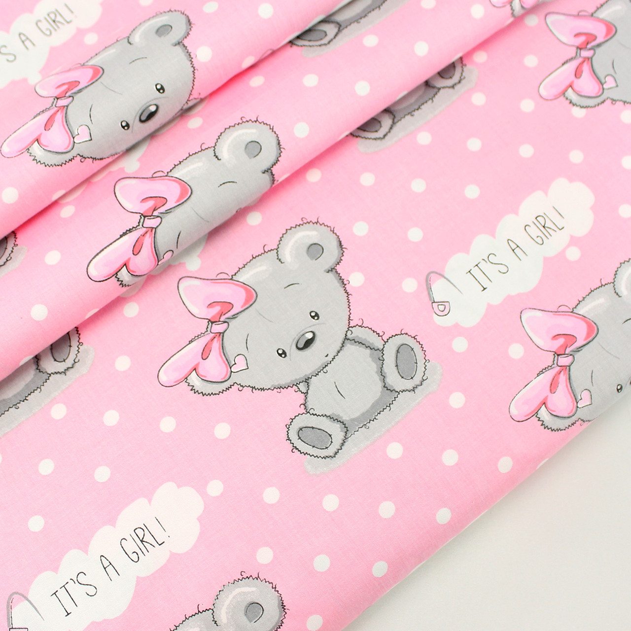 Сатин "Ведмедики Girl" на рожевому тлі No 160-105 с, фото 1